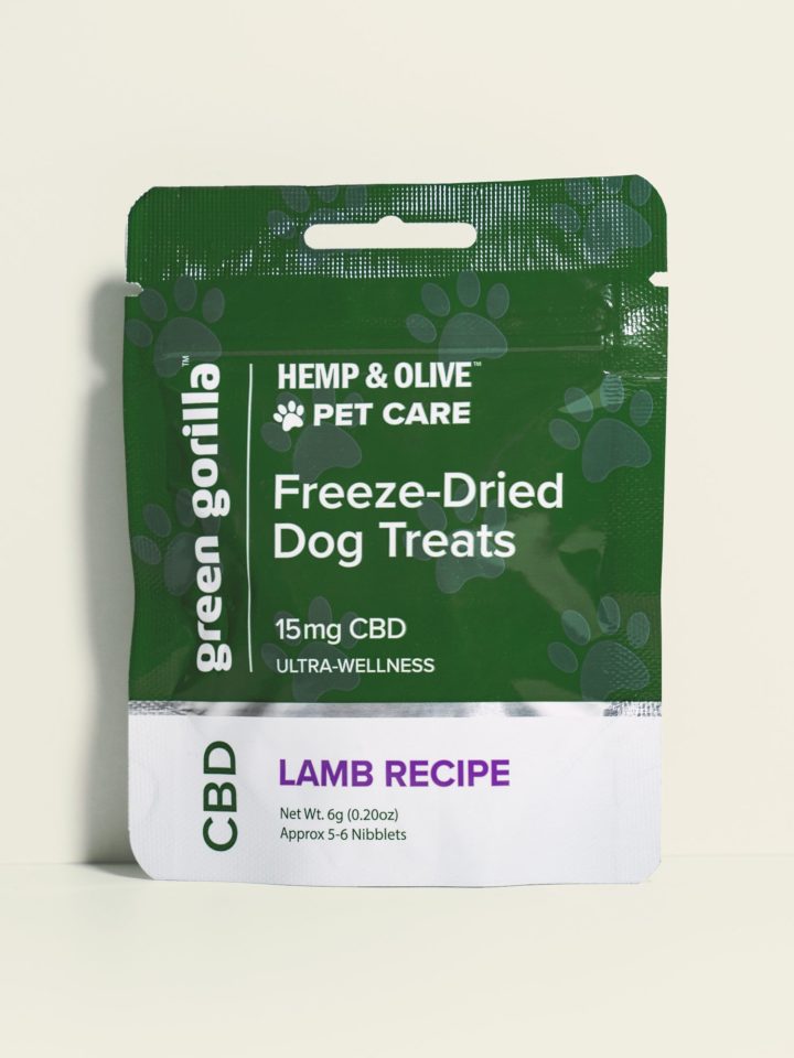 A travel-size packet of lamb recipe hemp chews for dogs