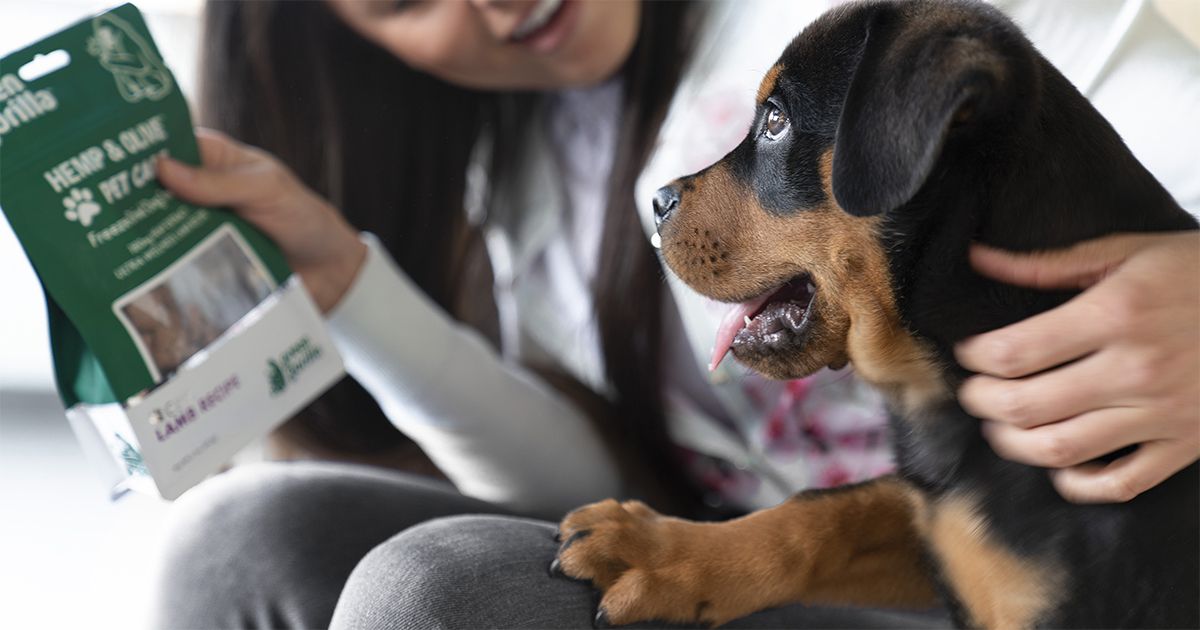 A woman showing her puppy CBD pet snacks.