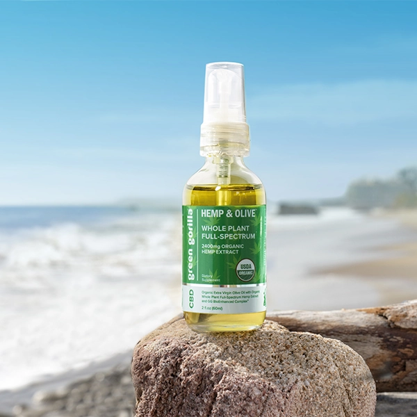 CBD hemp oil for sale on a rock in front of the ocean.