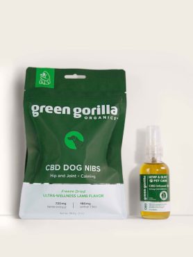 Bag of Green Gorilla™ CBD Dog Nibs with a bottle of Green Gorilla™ CBD infused oil