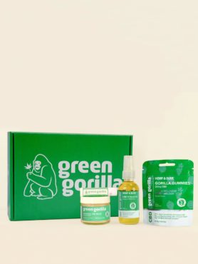 Box of Green Gorilla™ CBD Favorites Bundle with gummies, oil, botanical balm, and lip balm products.