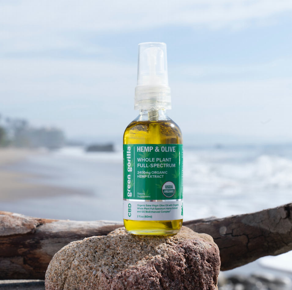 CBD oil on a rock in front of the ocean.