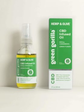 Green Gorilla™ lemon-flavored certified organic pure CBD oil 600mg bottle with a box.