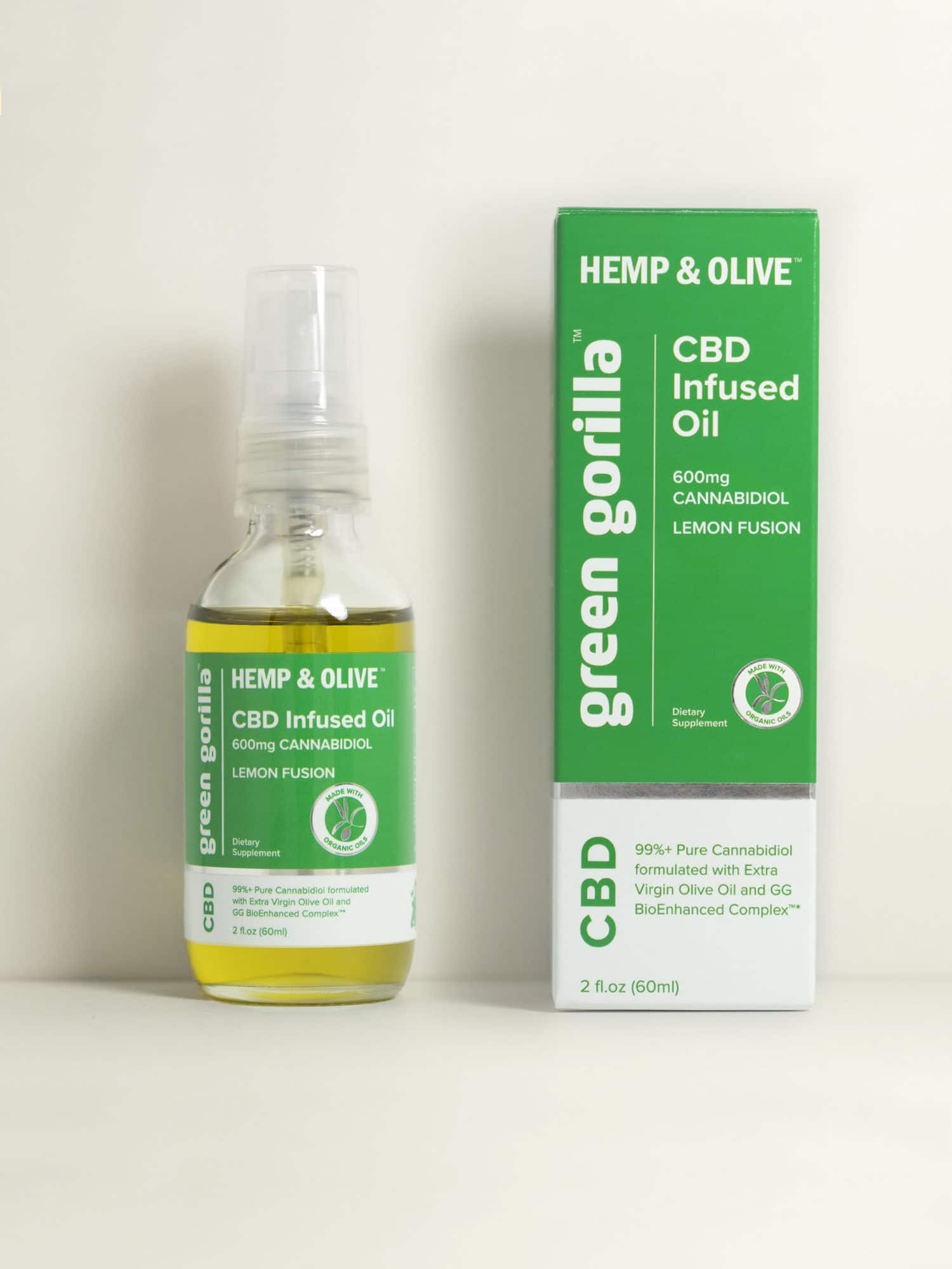 Green Gorilla™ lemon-flavored certified organic CBD oil 600mg bottle with a box.