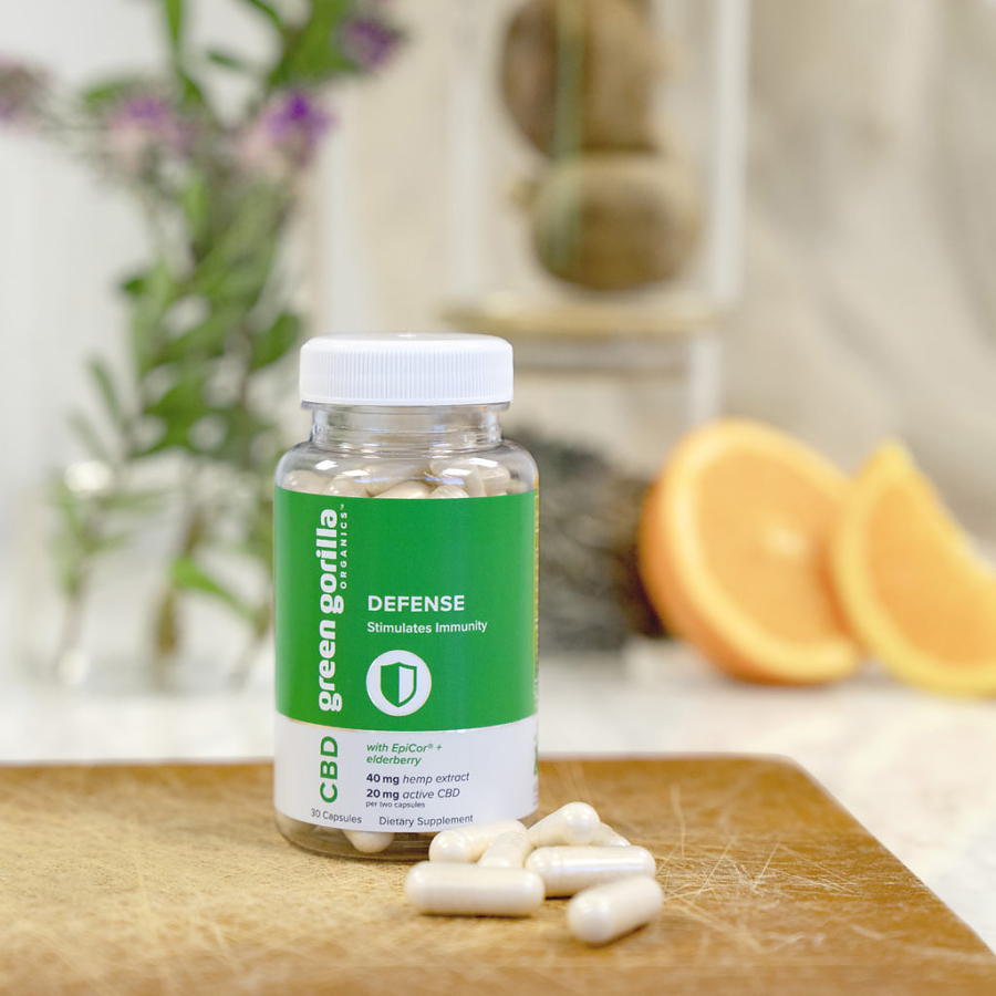 A bottle of daily defense CBD capsules for sale
