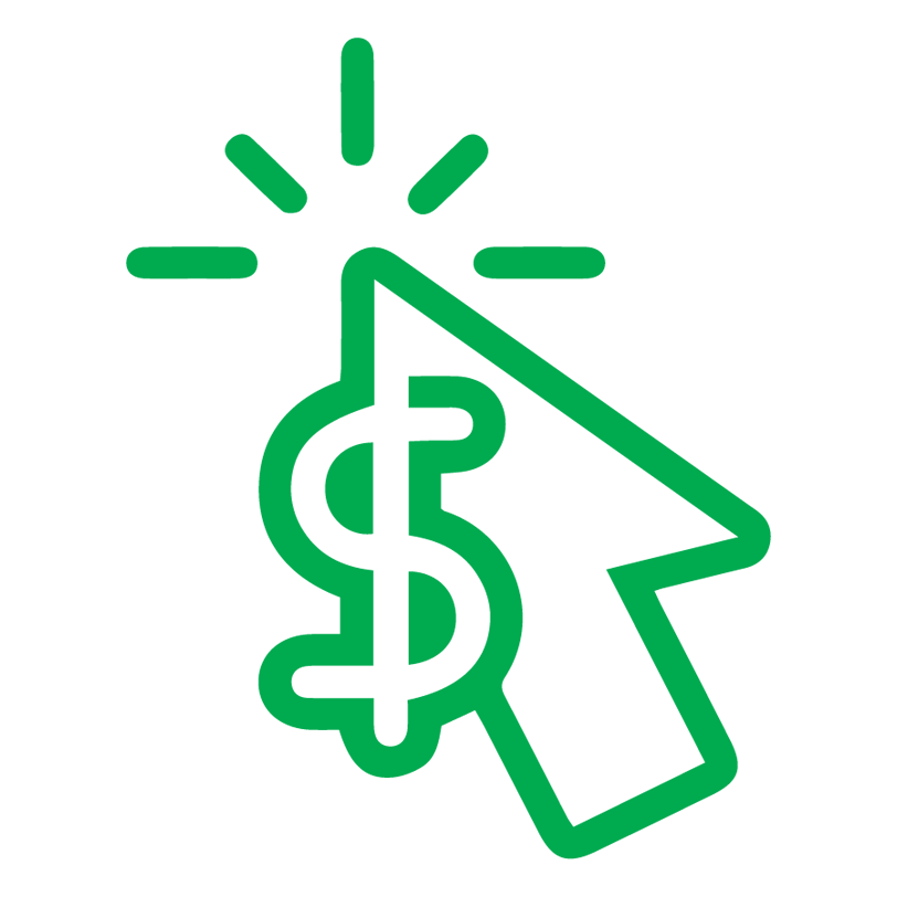 A green illustration of a mouse pointer and a dollar sign