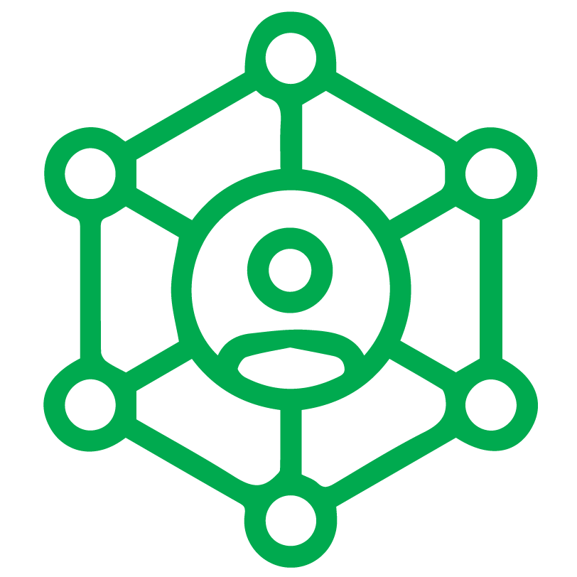A green illustration of a network with a person in the center.