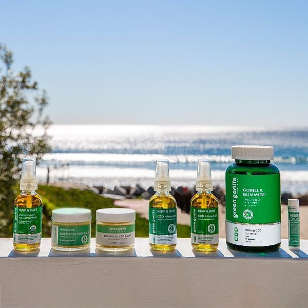  A product lineup of Green Gorilla™ CBD oils, balms, and gummies.