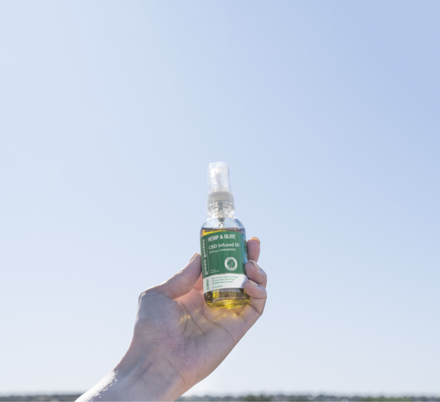 A hand holding up a bottle of Green Gorilla™ organic CBD oil for sale in front of a clear sky.