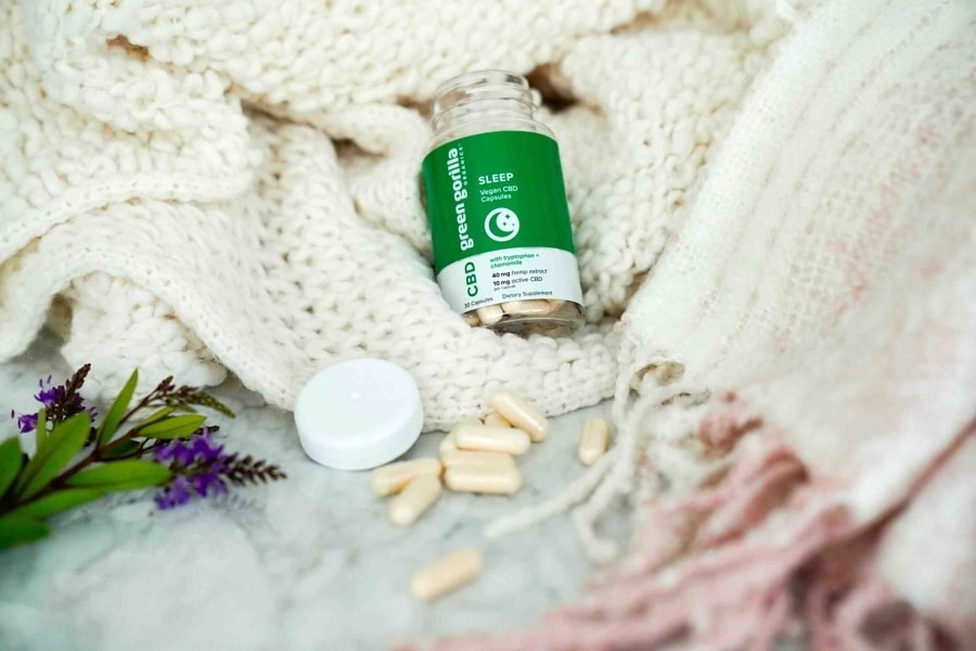 A bottle of CBD hemp oil capsules formulated for better sleep