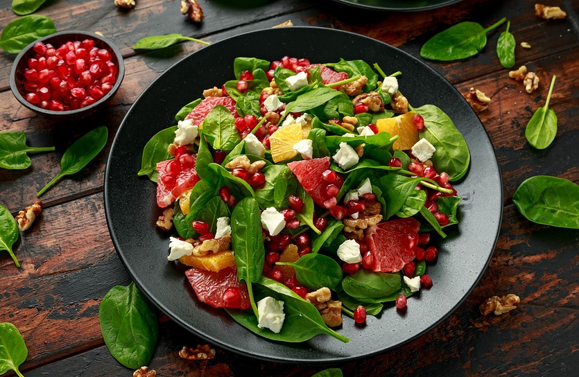 Spinach and Blood Orange Pomegranate Salad with CBD Raspberry Vinaigrette
