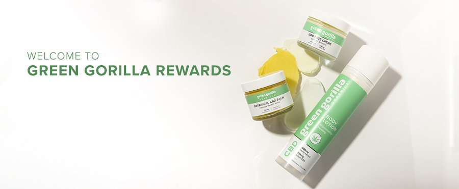 A Green Gorilla™ rewards banner with three assorted CBD products.