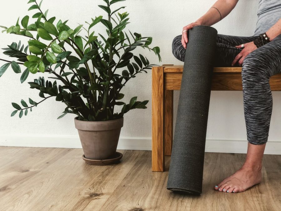 Person sitting on a bench with a yoga mat next to a potted plant